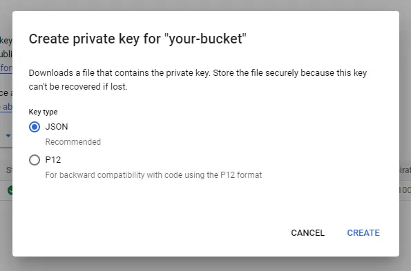 Creating your Google bucket private key